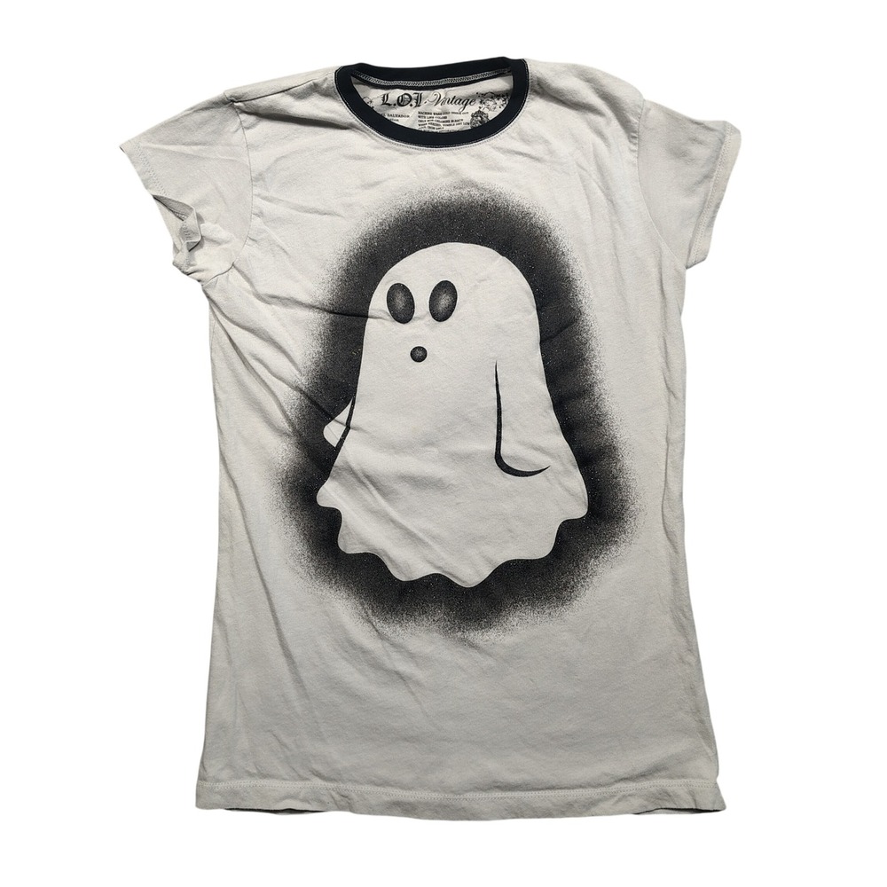 L.O.L. Vintage Graphic T-Shirt Women Medium Ghost Ringer White Black Tee